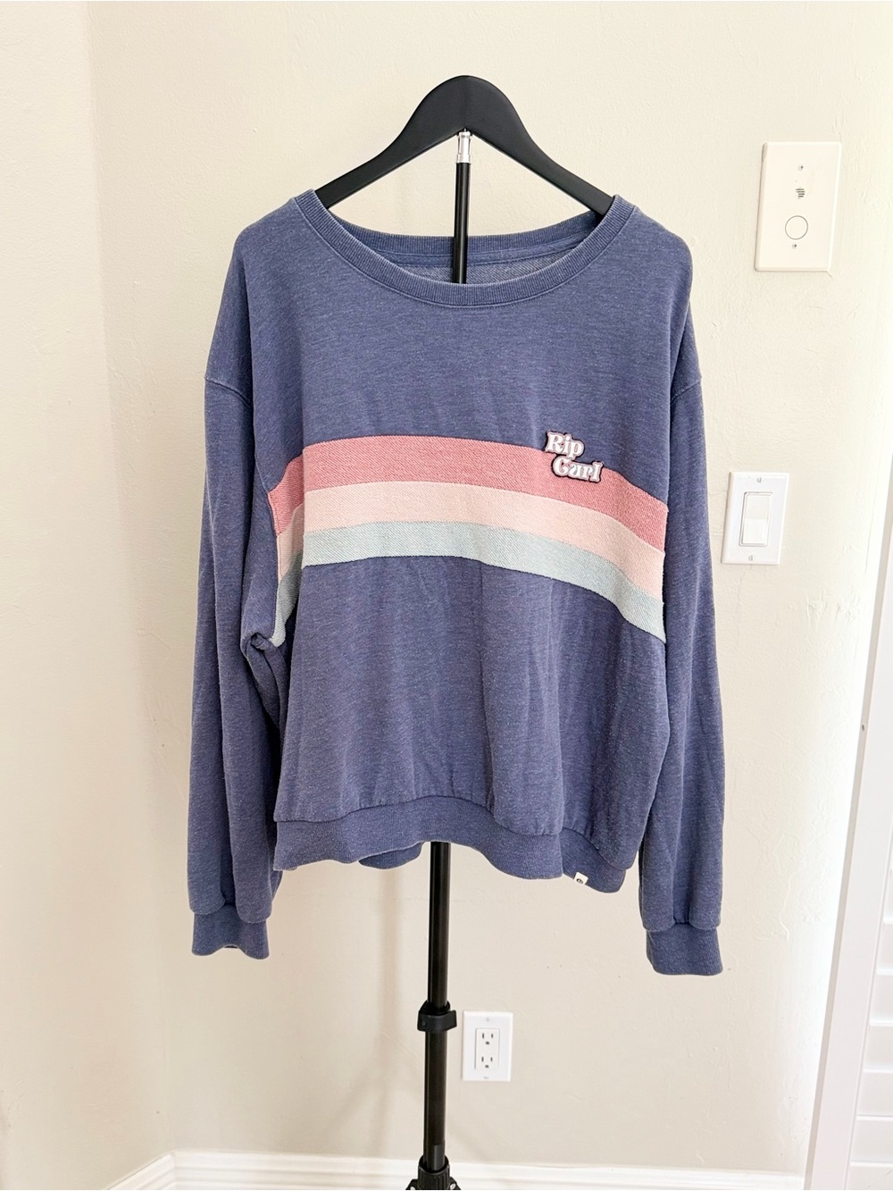 Rip Curl Navy Crewneck Sweater with Pink and Light Blue Stripes Retro Surf Skate